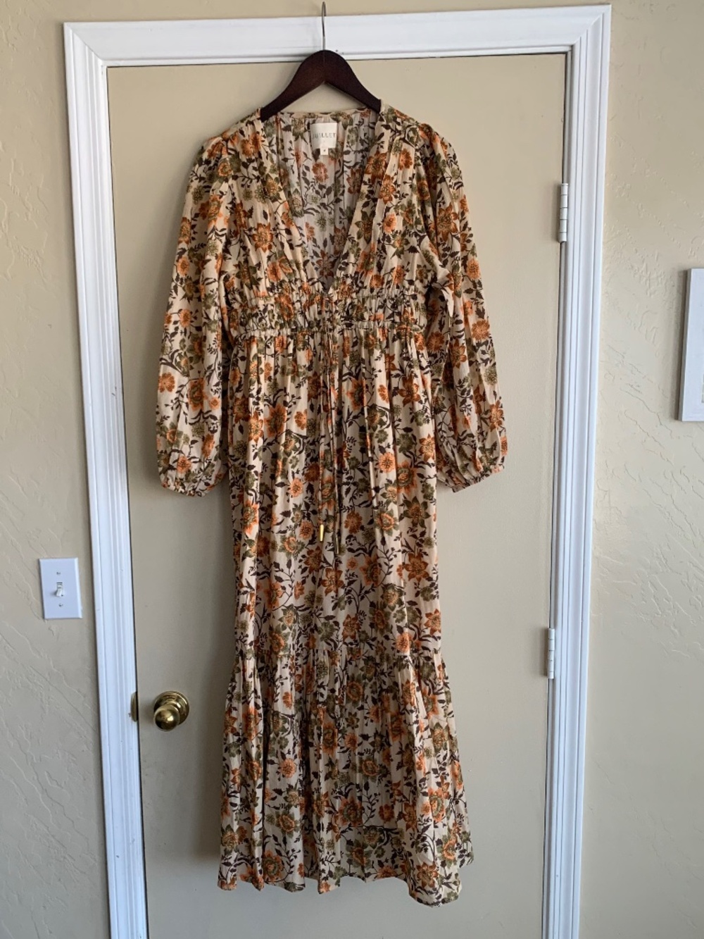 Juillet Floral Tiered Maxi Dress V-neck Balloon Sleeves Boho Peasant Festival  M